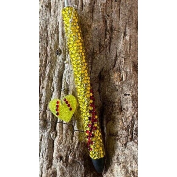 Softball Gel Pen Yellow- Red Rhinestones w/Resin Heart Charm Black Ink - Picture 2 of 3